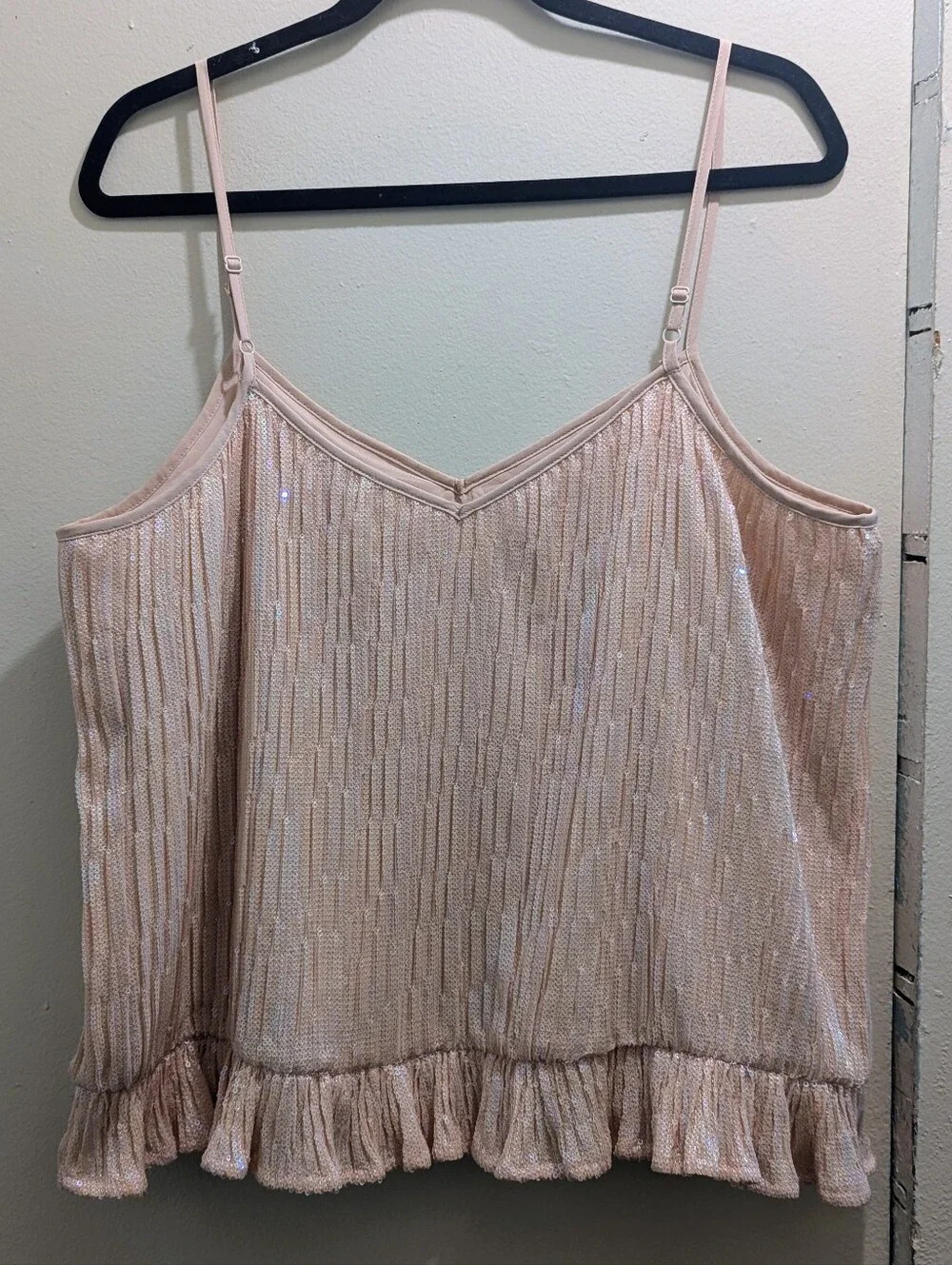 Anthropologie Amelie Sequin Shimmery Blush Pleated Ruffle Spaghetti Cami Top- 10 - Picture 6 of 14